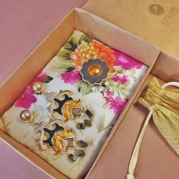 Kalidar Earrings and Brooch Pin Set in Tiger Eye Gift Box
