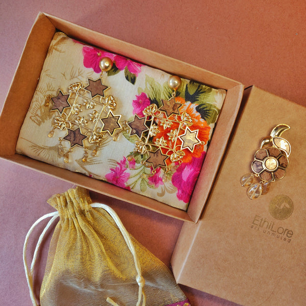Sitara Earrings and Brooch Pin in Citrine Couple Gift Box