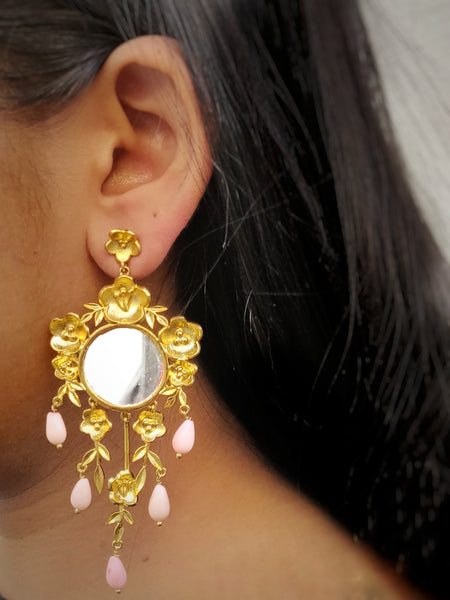 Floral Mirror Earring and Ring set in Coral